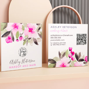 Carte De Visite Carré code qr chic rose floral logo