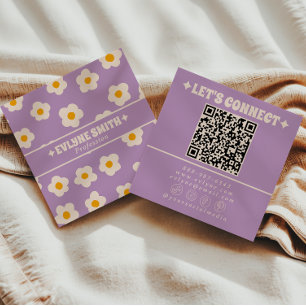 Carte De Visite Carré Code QR crème violet rétro Fleur Groovy Branché