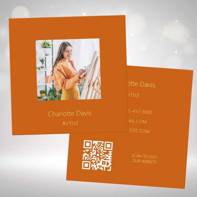 Carte De Visite Carré Code QR de la photo orange brûlée (Créateur téléchargé)