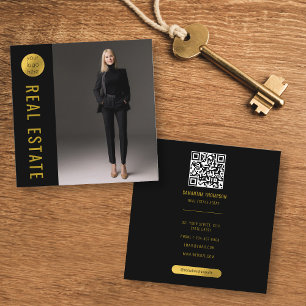 Carte De Visite Carré Code QR de l'agent immobilier Black & Gold