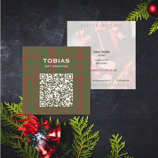 Carte De Visite Carré Code QR de Noël moderne (Modern Christmas QR Code Square Business Card (front and back))