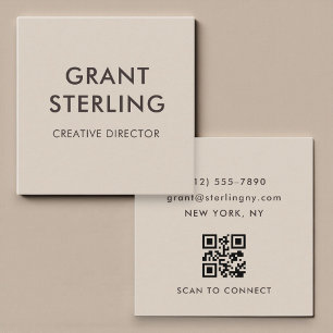 Carte De Visite Carré Code QR de typographie minimaliste beige neutre