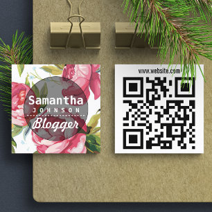 Carte De Visite Carré Code QR Fleur rose moderne pour blogueuse