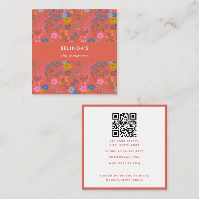 Carte De Visite Carré Code QR Fleurs Sauvages Rouges Boho Moderne (Devant / Derrière)