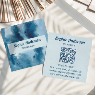 Carte De Visite Carré Code QR Géode Aquarelle Bleue Professionnel