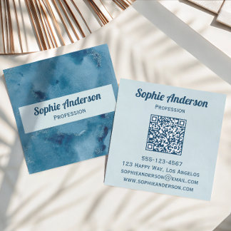 Carte De Visite Carré Code QR Géode Aquarelle Bleue Professionnel