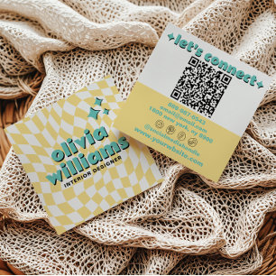 Carte De Visite Carré Code QR gras Rétro Groovy à carreaux Bohème Tendan