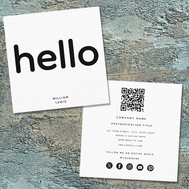 Carte De Visite Carré Code QR Hello minimal Icônes de médias sociaux (Minimal Hello QR Code Social Media Icons Square Business Card)