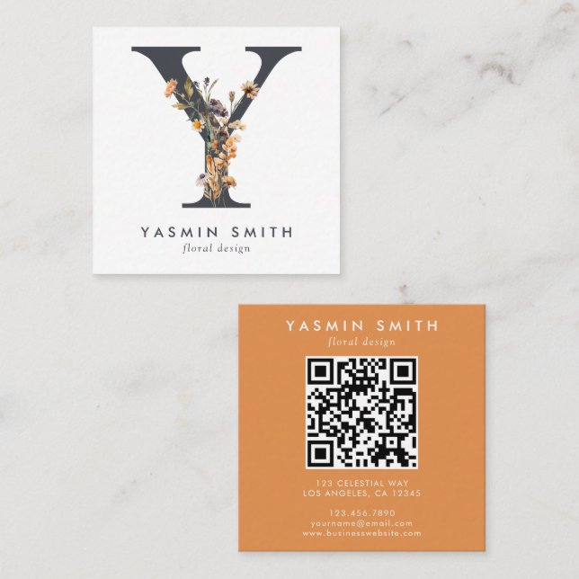 Carte De Visite Carré Code QR initial du Fleur sauvage Boho (Devant / Derrière)