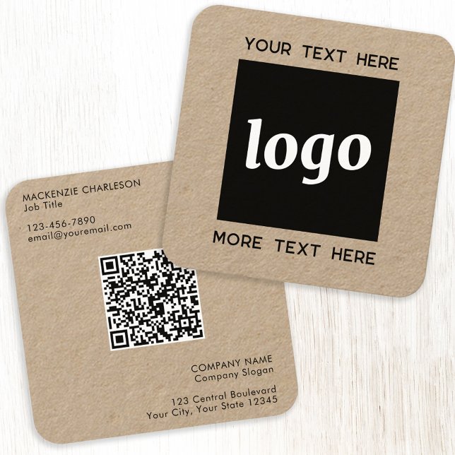 Carte De Visite Carré Code QR Kraft simple logo et texte (Logo QR code with custom text professional Kraft business card)