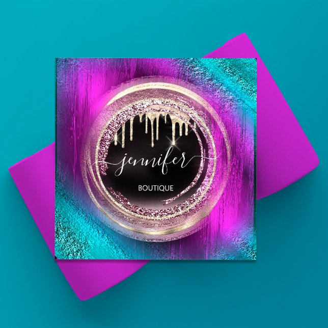 Carte De Visite Carré Code QR Logo Magasiner Parties scintillant Rose Dr (QR Code Logo Shop Glitter Pink Rose Drips Circle Square Business Card)