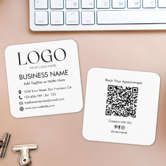 Carte De Visite Carré Code QR Logo Personnalisé Moderne Minimaliste Noir