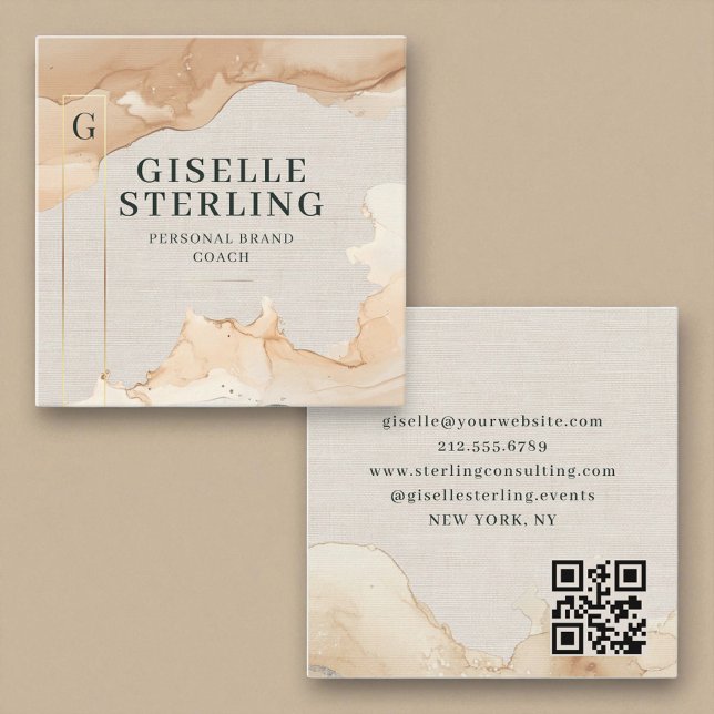 Carte De Visite Carré Code QR Luxe Lin Aquarelle Feuille d'Or (Créateur téléchargé)