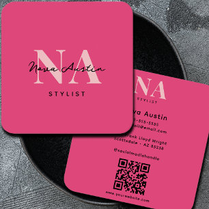 Carte De Visite Carré Code QR Monogram Luxe Tendance Esthétique Rose Cha