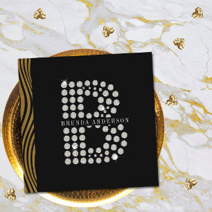 Carte De Visite Carré Code QR Monogramme Initiale B Diamant Or Noir Chic