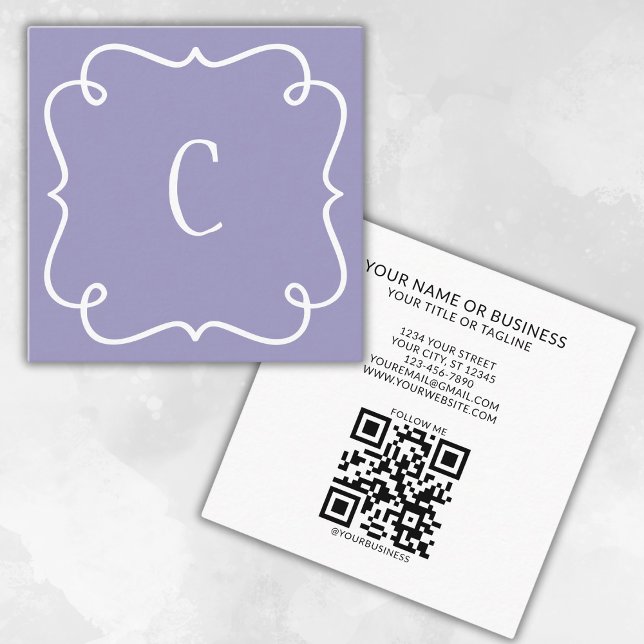 Carte De Visite Carré Code QR monogramme minimal à la mode violet (Créateur téléchargé)