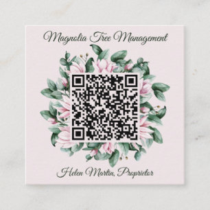 Carte De Visite Carré Code QR personnalisé Magnolia cadre de fleurs