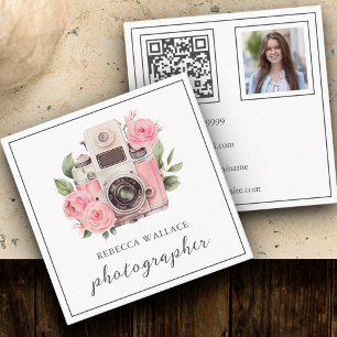 Carte De Visite Carré Code QR photo d'appareil photo floral rose Photogr