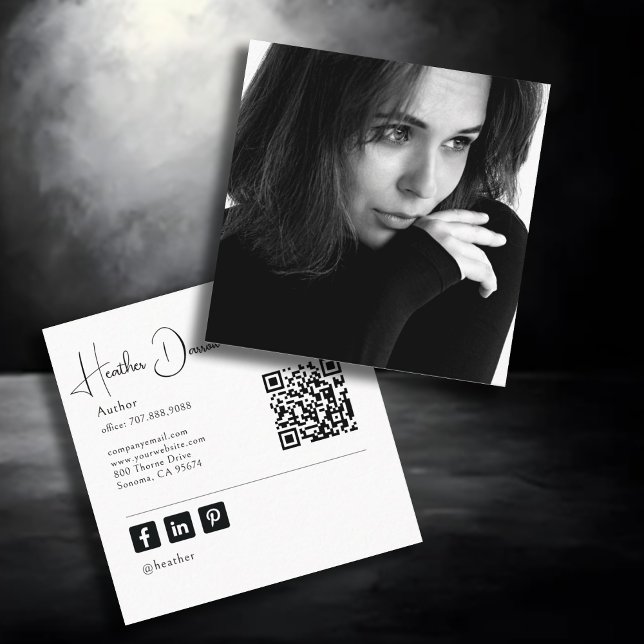 Carte De Visite Carré Code QR photo d'écriture moderne Auteur Rédacteur (Créateur téléchargé)