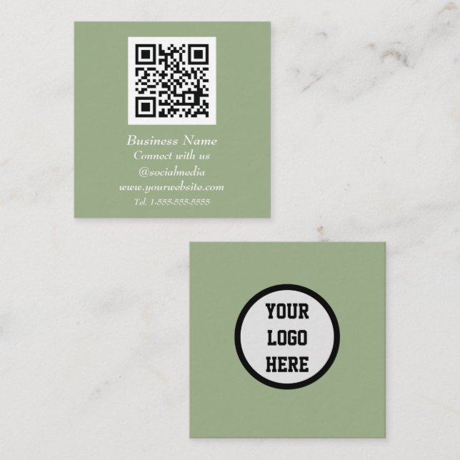 Carte De Visite Carré Code QR professionnel Scannable Sage vert moderne (Devant / Derrière)
