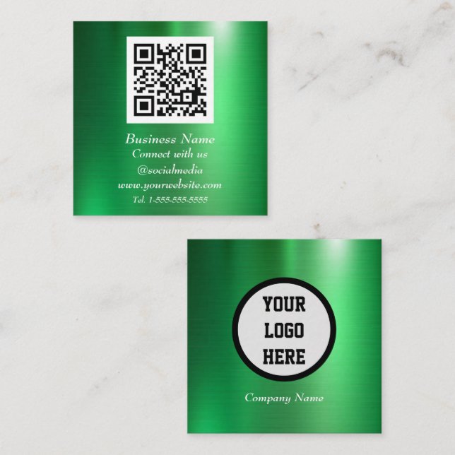 Carte De Visite Carré Code QR professionnel Scannable vert Metallic (Devant / Derrière)