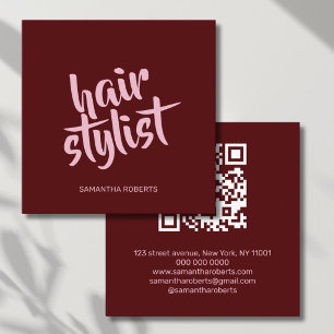 Carte De Visite Carré Code QR rouge script de styliste de cheveux modern