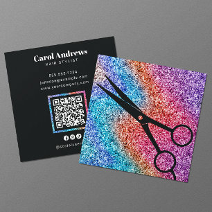 Carte De Visite Carré Code QR Salon de Coiffure Cheveux Noirs Ciseaux Ét