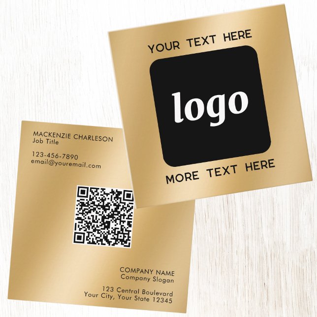 Carte De Visite Carré Code QR simple logo et texte Or (Simple logo with custom text QR code business branding promotional gold effect square business card)