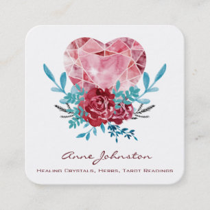 Carte De Visite Carré Cœur Rubis Boho Floral Aquarelle