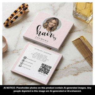 Carte De Visite Carré Coiffeur 3 Photo QR Réseaux Sociaux Rose Pâle