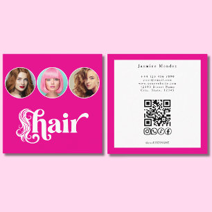 Carte De Visite Carré Coiffeur Code QR Photo 3 Rose Chaude Blanc