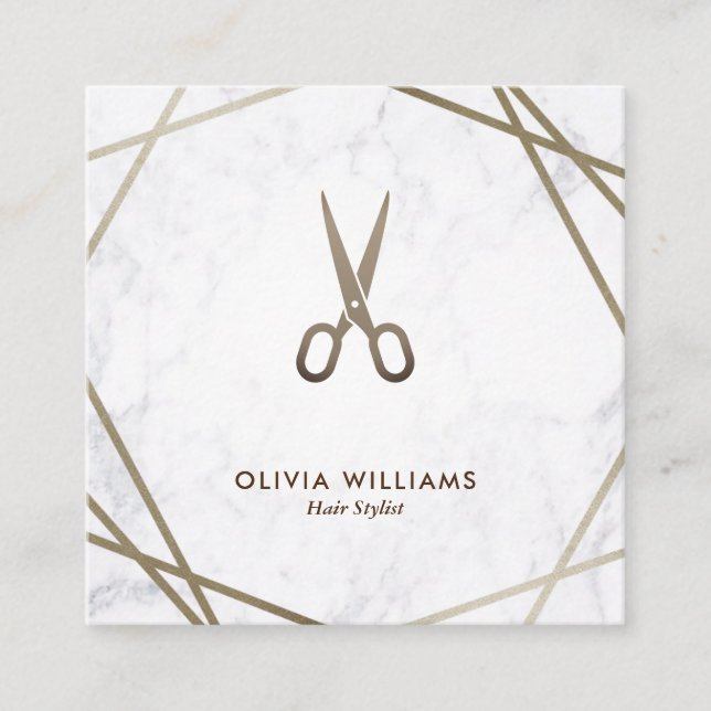 Carte De Visite Carré Coiffeur de marbre de ciseaux Brown géométriques (Devant)