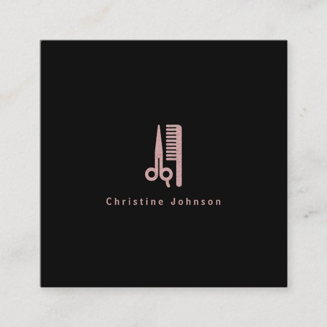 Carte De Visite Carré coiffeur logo or rose sur noir (Devant)