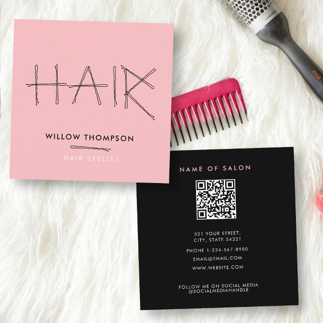 Carte De Visite Carré Coiffeur noir rose Bobby Pins Cheveux (Cute Hairdresser Black Pink Bobby Pins Hair Square Business Card)