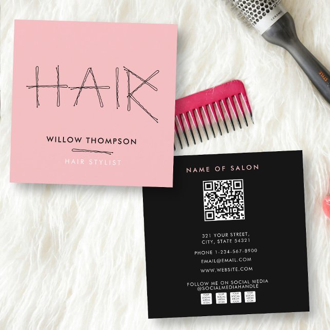 Carte De Visite Carré Coiffeur noir rose Bobby Pins Cheveux (Cute Hairdresser Black Pink Bobby Pins Hair Square Business Card)
