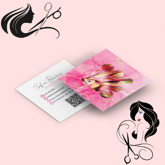 Carte De Visite Carré Coiffeur professionnel moderne QR Code rose