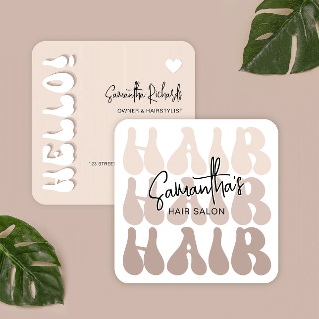 Carte De Visite Carré Coiffeuse Beige Retro tendance Salon Chic Moderne (Retro beige and white hair business cards, a trendy and chic design that is sure to impress)