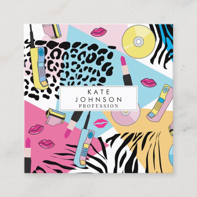 Carte De Visite Carré Colorful Retro 1990s Nineties QR Code Médias socia (Devant)