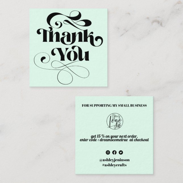 Carte De Visite Carré Commande simple cool retro script merci (Devant / Derrière)