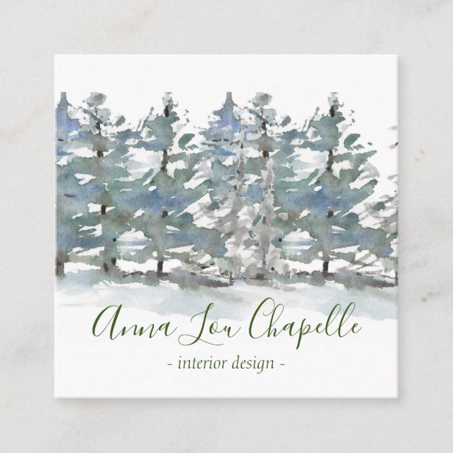Carte De Visite Carré Conception d'arbres forestiers d'aquarelle (Devant)