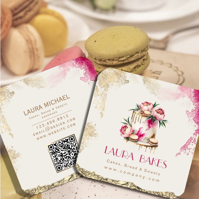 Carte De Visite Carré Conception élégante de gâteaux floraux aux accents (Elegant Floral Cake Design #artist #goldfoil #watercolorfloral #decorationcake #dessert,)