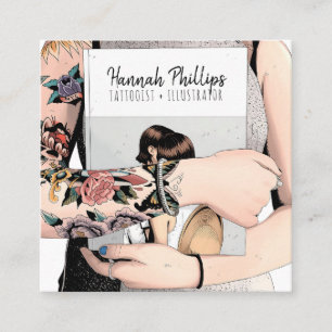Carte De Visite Carré Cool tatouage fille illustration script tendance b