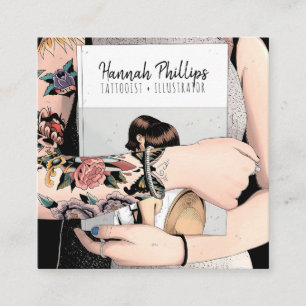 Carte De Visite Carré Cool tatouage fille illustration script tendance n