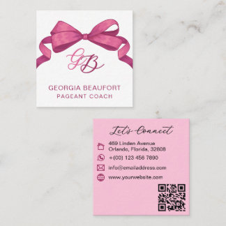 Carte De Visite Carré Coquette Fuchsia Bow Monogram Beauty QR Code