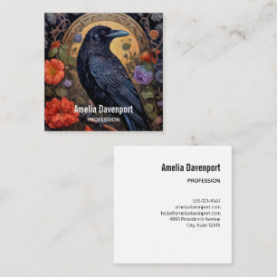 Carte De Visite Carré Corbeau noir avec fleurs Design gothique