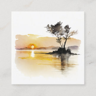 Carte De Visite Carré Coucher de soleil au lac Minimaliste Aquarelle