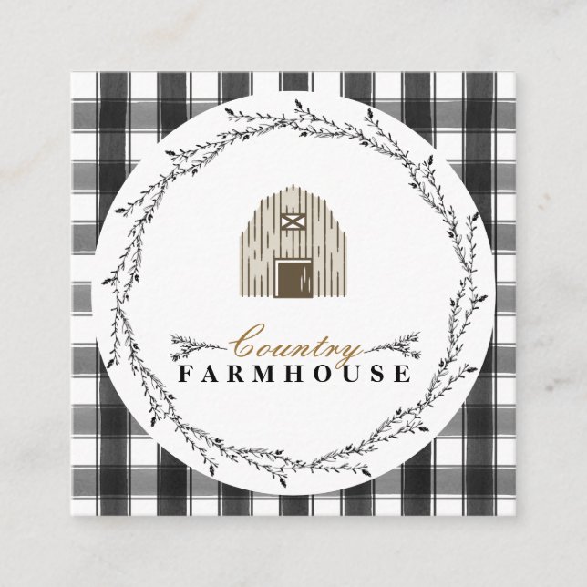 Carte De Visite Carré Country Farmhouse Rustique Wreath Plaid Check (Devant)