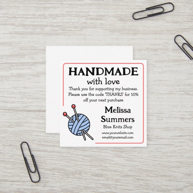 Carte De Visite Carré Coupon Tricot artisanal (Devant/Arrière en situation)