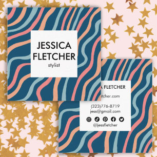 Carte De Visite Carré Courbes Bleues Douces Icônes sociales minimalistes