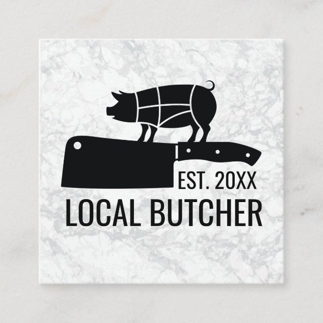 Carte De Visite Carré Couteau boucher | Graphique de découpe de porc (Devant)